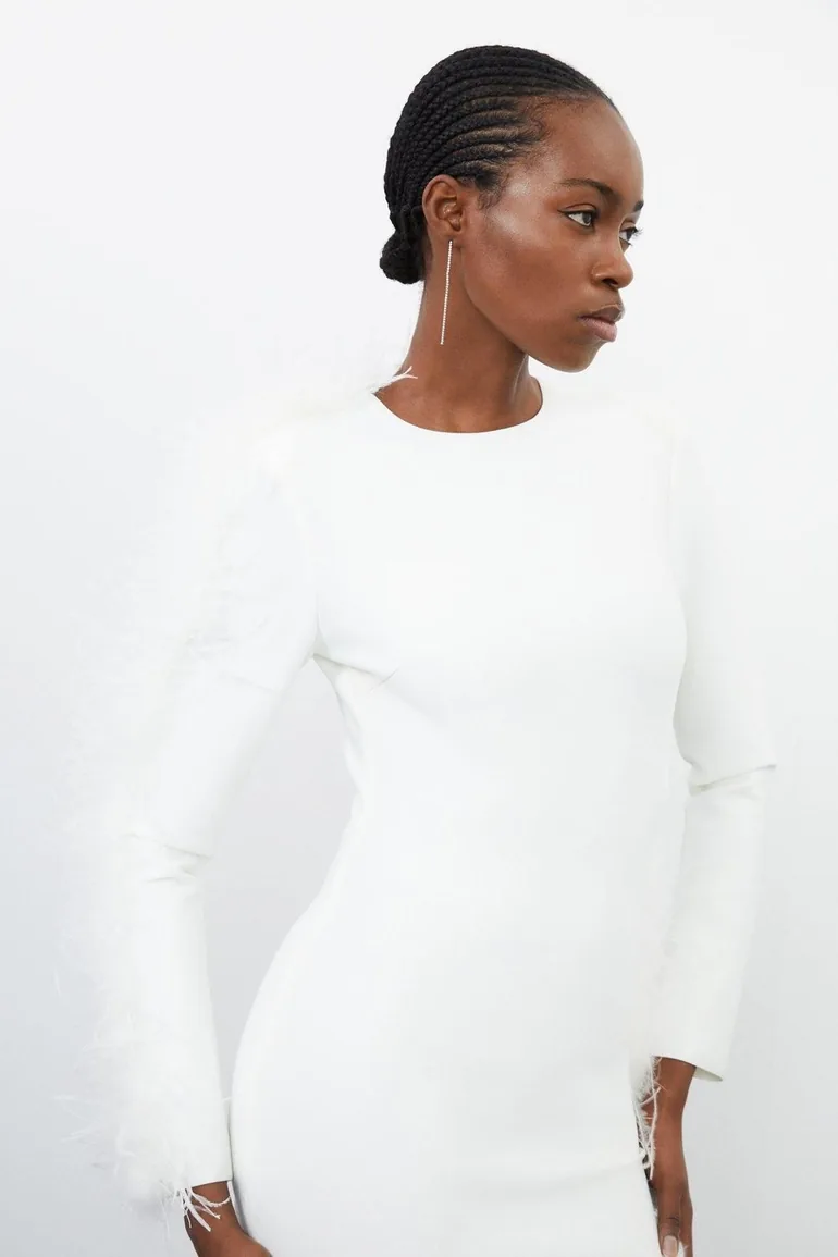 Figure Form Bandage Knit Split Feather Hem Midaxi Dress - 3