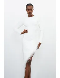 Figure Form Bandage Knit Split Feather Hem Midaxi Dress
