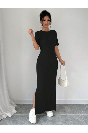 Solid Round Neck Bodycon Dress