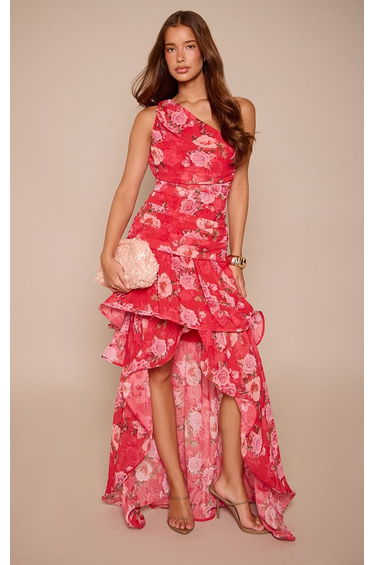 Red Floral Printed One Shoulder Maxi Dress