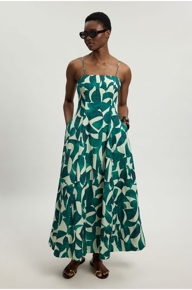 petite linen geo print woven maxi prom dress