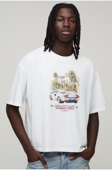 Oversized Shrunken Amalfi Coast Print T-Shirt - white