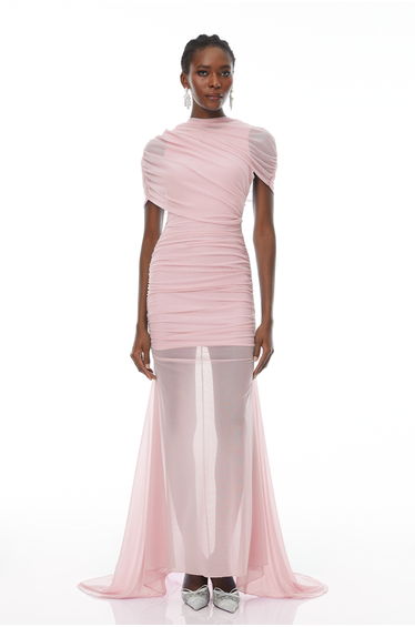 Sylphe Pink Asymmetrical Ruched Mesh Maxi Dress
