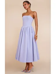 Cornflower Blue Woven Bandeau Ruched Skater Midaxi Dress - 2