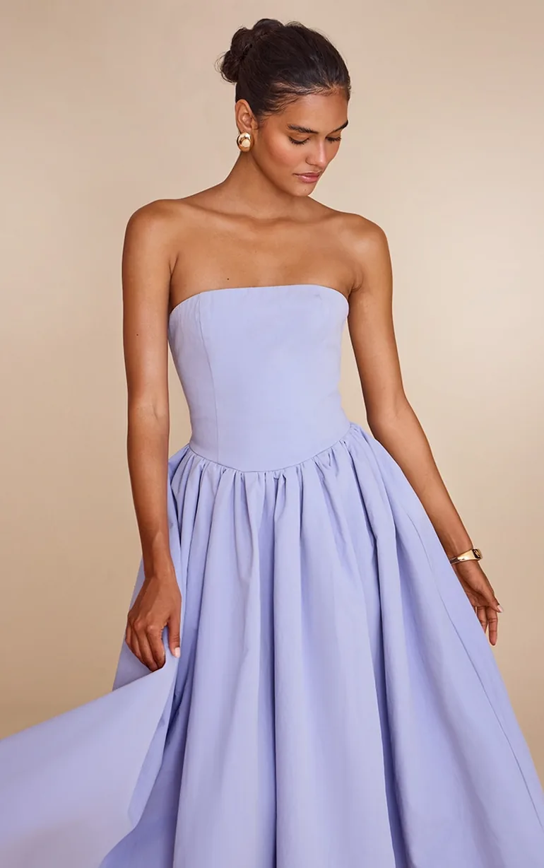 Cornflower Blue Woven Bandeau Ruched Skater Midaxi Dress - 3