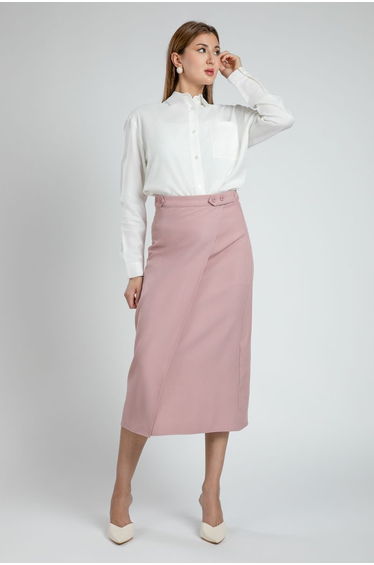 Fitted Wrap Midi Skirt With Waist Buttons