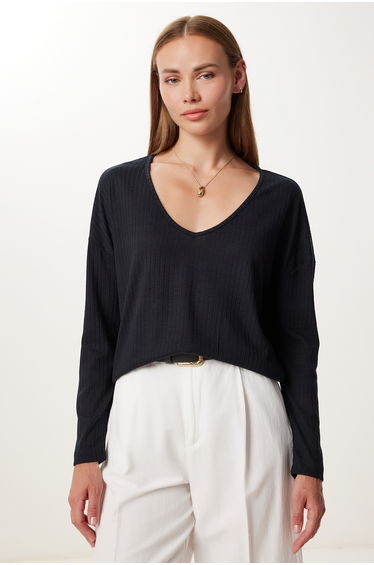 Women's Black V-Neck Basic Ribbed Knitted Blouse