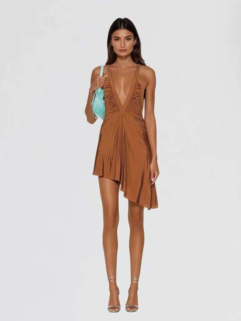 Xorvila Plunge Neck Ruched Mini Dress