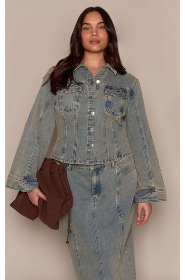 Plus Vintage Wash Blue Flare Sleeve Cinch Denim Shirt
