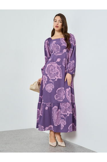 Lilac Floral Square Neck Maxi Dress