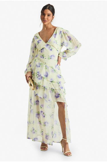 Floral Dobby Frill Detail Maxi Dress - lemon