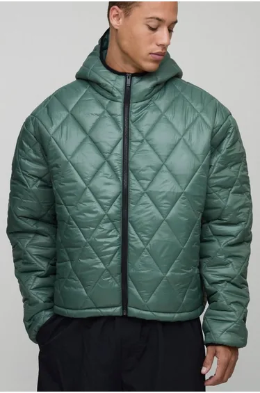 جاكيت منفوخ بهودي بتصميم واسع عريض بياقة عالية مبطن بدرزات لامع - أخضر