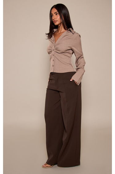 Petite Taupe Pinstripe Ruched Bust Button Up Shirt