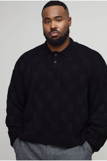 Plus Oversized Rib Mixed Cable Knitted Polo - black