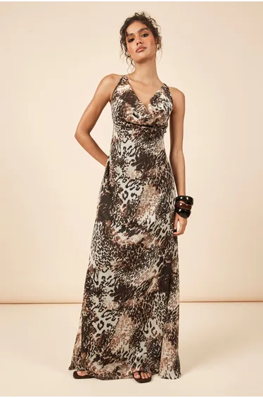 Tonal Animal Print Chiffon Cowl Front & Back Maxi Slip Dress - leopard