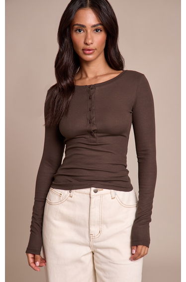 Petite Dark Chocolate Soft Rib Button Up Fitted Long Sleeve Top