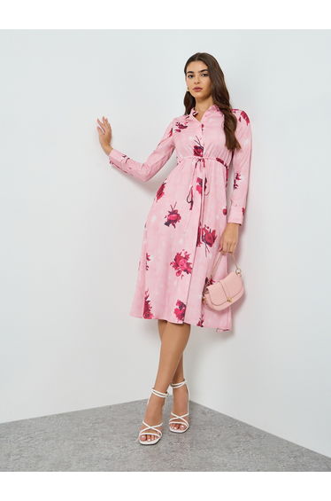 Women Pink Floral Print A-Line Midi Dress