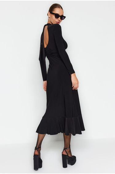 Black Maxi Oversized Knit Dress with Ruffles Pleats and Plunging Neck Skirt