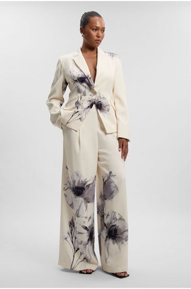 Plus Size Floral Placement Tailored Crepe Pleat Printed Detail Wide Leg Trousers