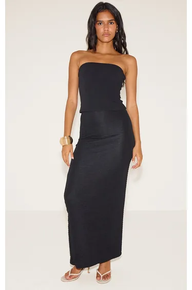 Black Textured Jersey Mid Rise Maxi Skirt