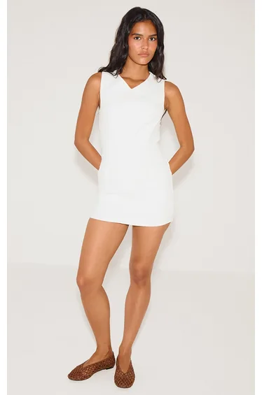 فستان قصير دينيم إستريتش - أبيض