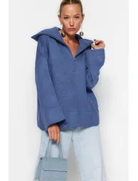 Blue Wide Fit Soft Textured Basic Knitwear Sweater - 3