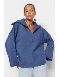 Blue Wide Fit Soft Textured Basic Knitwear Sweater - 1