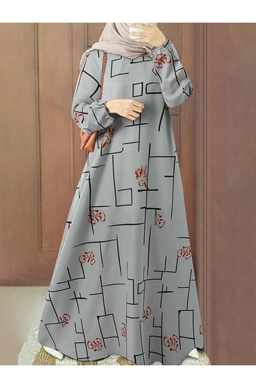 Printed Balloon Sleeve A-Line Maxi Dress