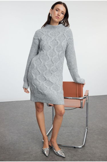 Gray Midi Knitwear Soft Textured Hair Knit Dress