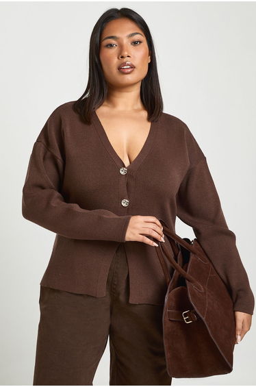 Plus Gold Button Split Hem Compact Knit Cardigan - mocha
