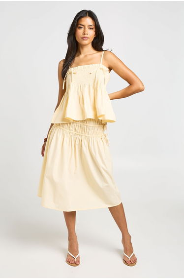 Poplin Shirred Waist Midi Skirt - lemon