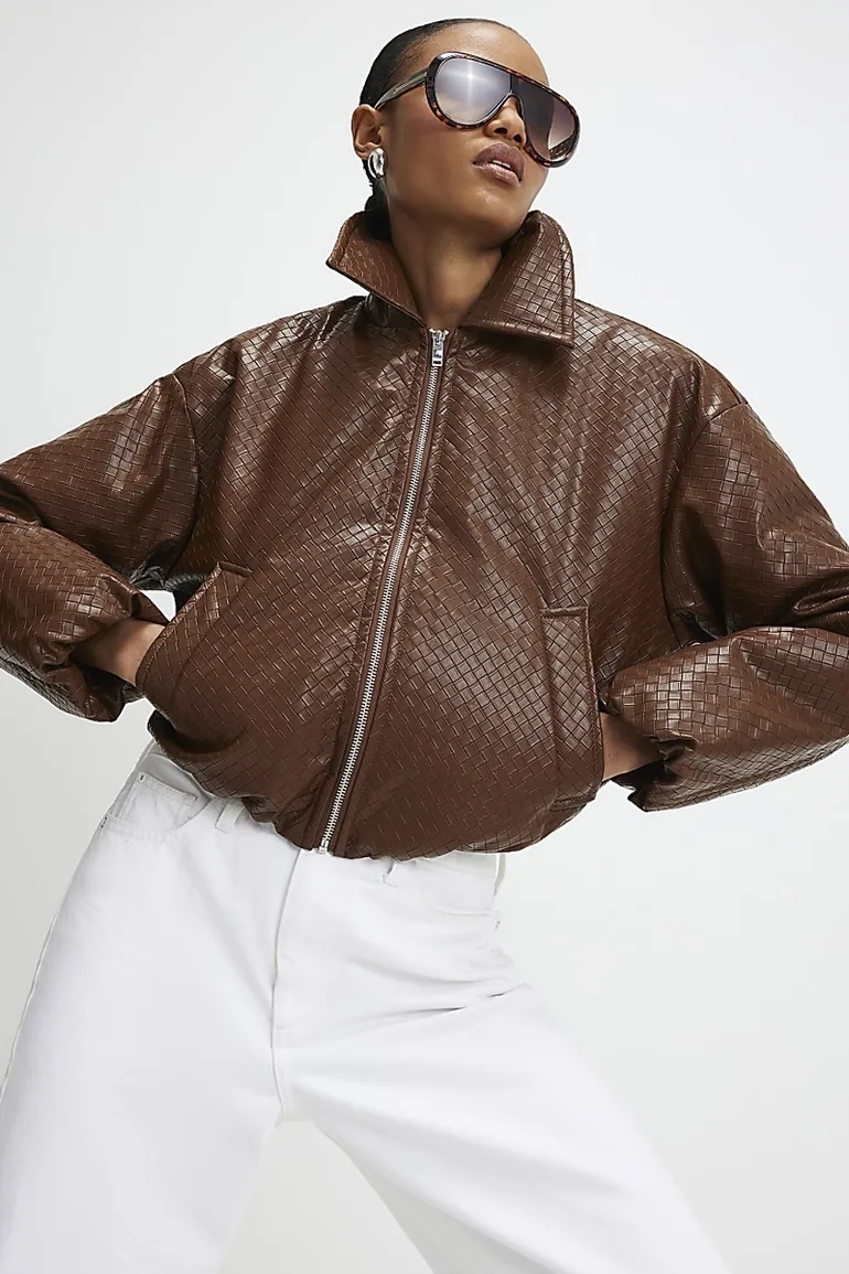 Brown Faux Leather Woven Bomber Jacket - 2