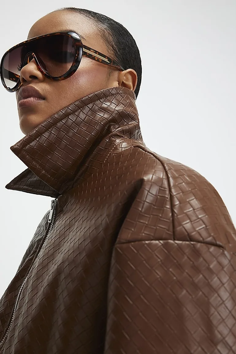 Brown Faux Leather Woven Bomber Jacket - 3