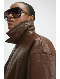Brown Faux Leather Woven Bomber Jacket - 3