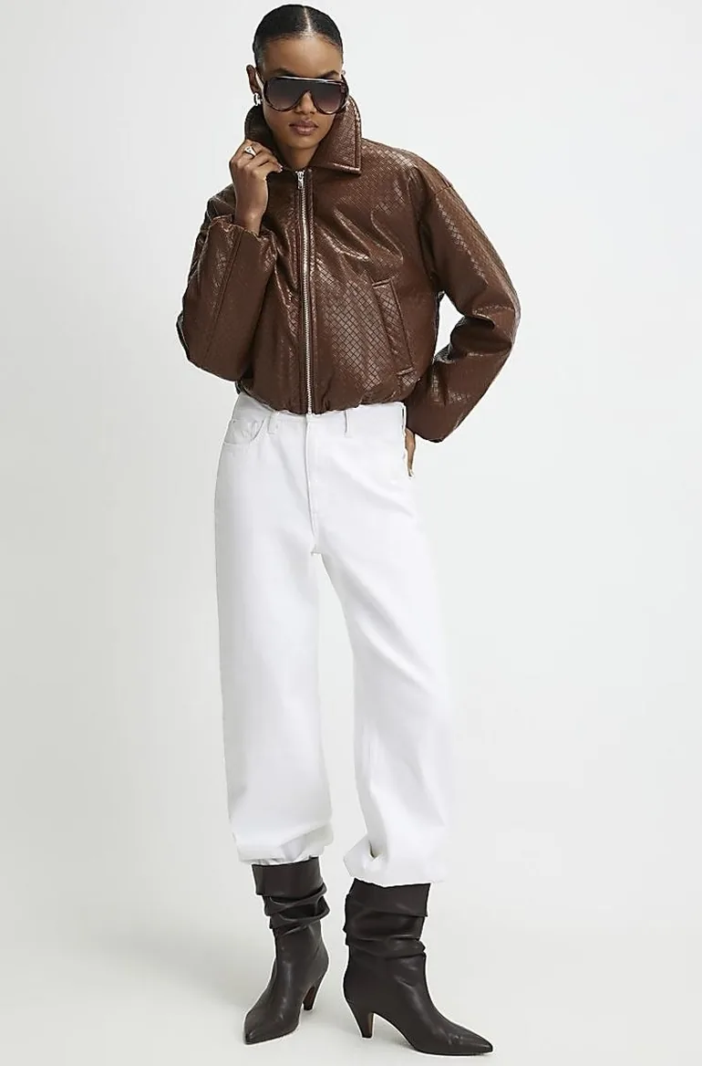 Brown Faux Leather Woven Bomber Jacket