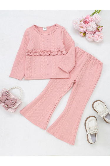 Girls Texture Ruffle Detail Top with Flare Pants Set