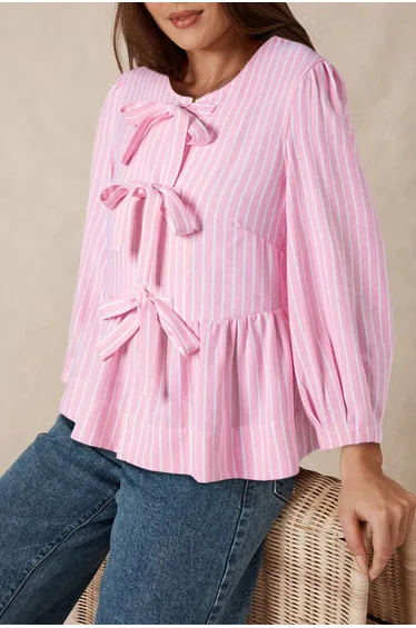 Lvness Pink Stripe Bowknot Front Crew Neck Puff Sleeve Blouse