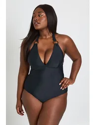 Plus Trim Detail Plunge Swimsuit - black - 1