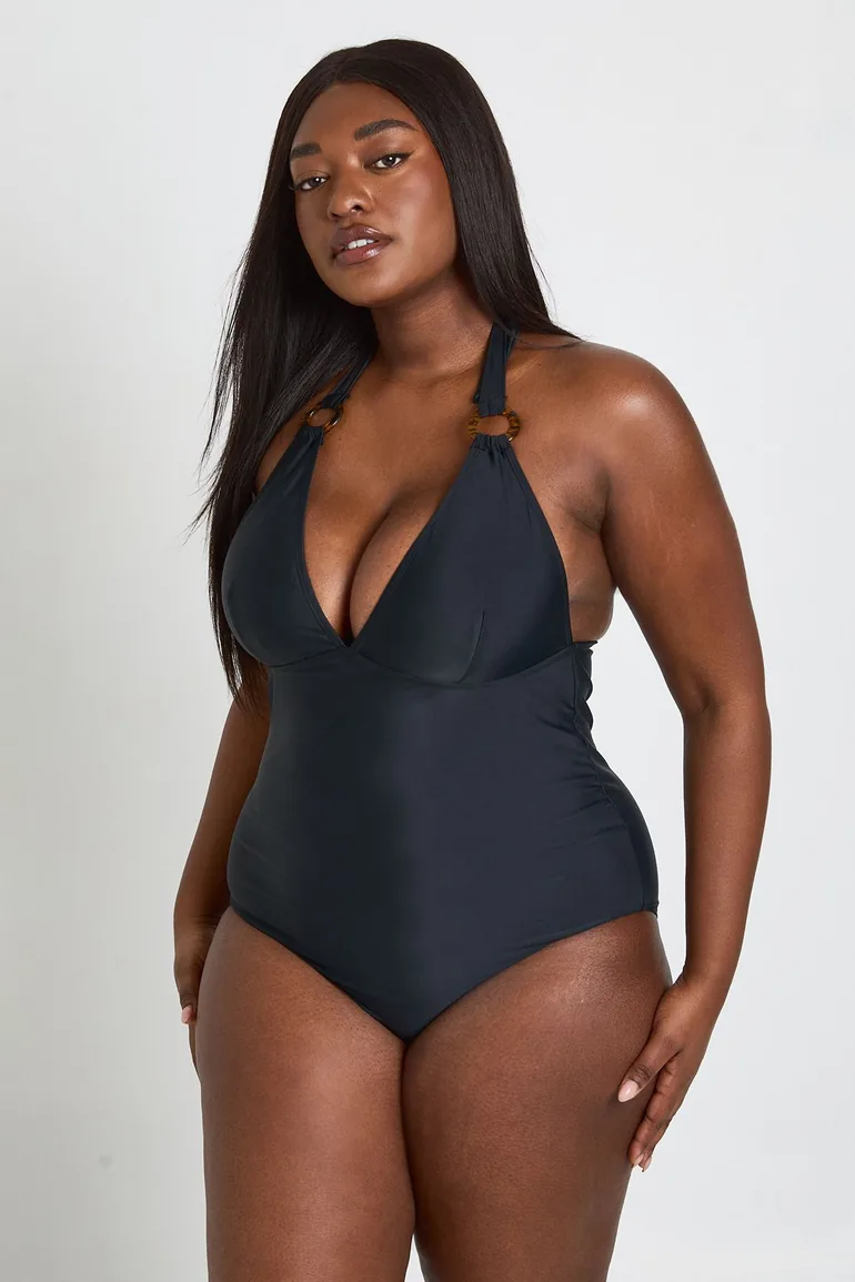 Plus Trim Detail Plunge Swimsuit - black