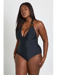 Plus Trim Detail Plunge Swimsuit - black