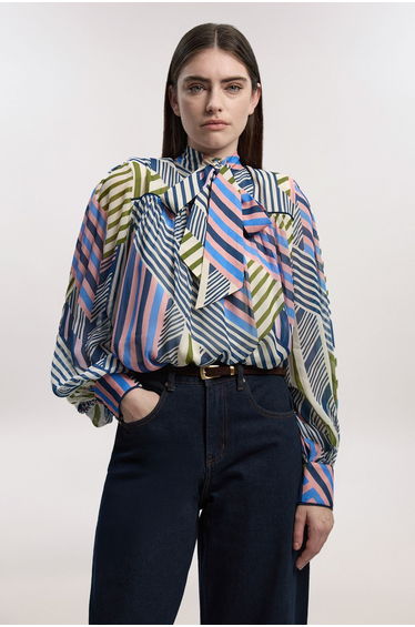 Geo Printed Viscose Georgette Printed Pussybow Woven Blouse