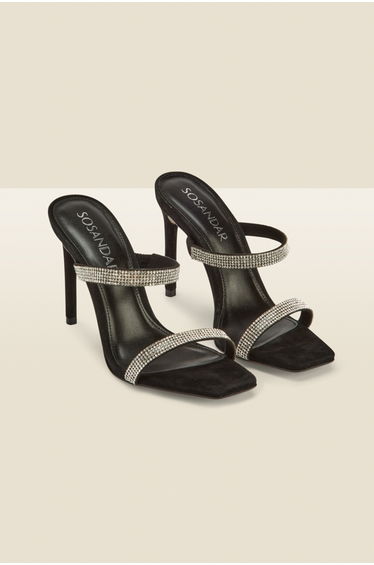 Kiera Black Suede Diamante Double Strap Square Toe Mule