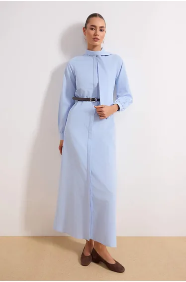 Blue Tie Detail at Neckline Belted Woven Dress