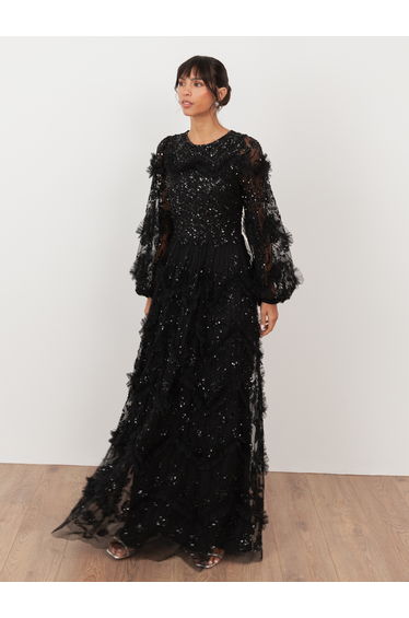 Maya Black Embellished Blouson Sleeve Long Dress