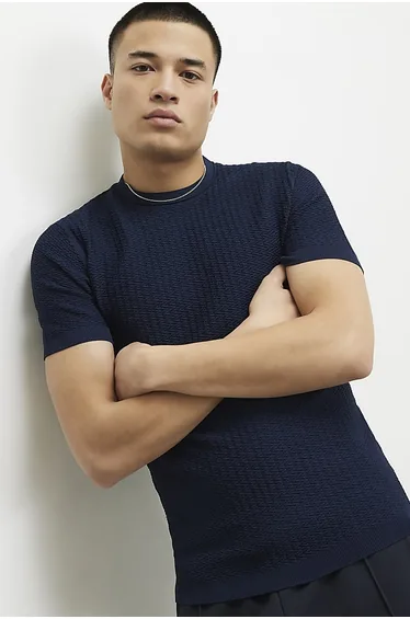 Navy Muscle Fit Zig Zag Textured T-shirt