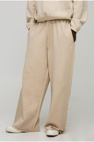 Extreme Wide Leg Loopback MAN Script Embroidered Raw Hem Joggers - stone