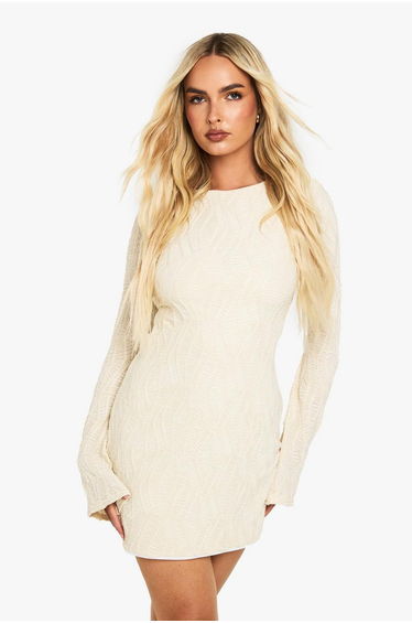 Textured Flare Sleeve Mini Dress - cream