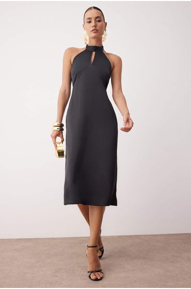 Black Plain Woven Satin Midi Unlined Cocktail Dress