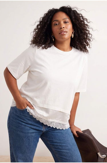 Ecru Lace Detailed Knitted Plus Size Women's T-Shirt