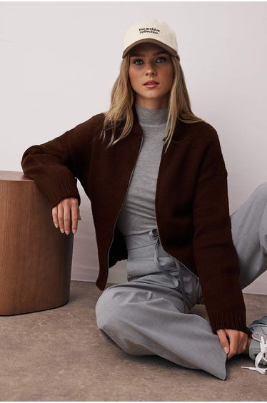 Brown Soft Textured Zippered Wide Pattern Knitwear Cardigan